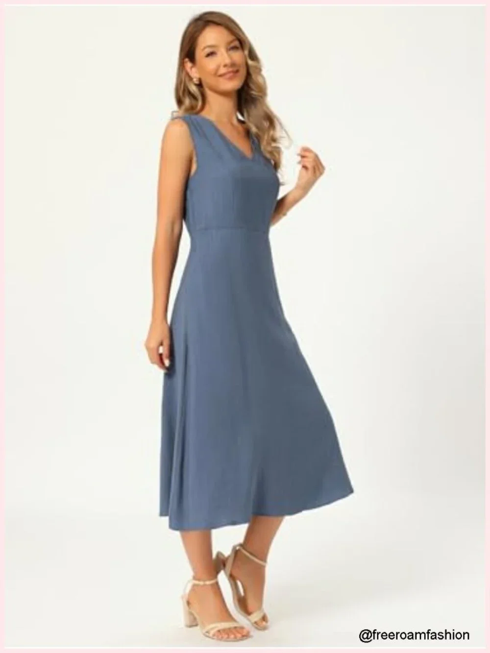 Sleeveless V-Neck Linen Tank Midi Dress with Pockets